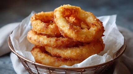 Golden, Crispy Onion Rings in a Wire Basket