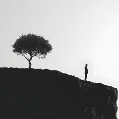 A single human silhouette stands atop a rocky cliff facing a solitary tree on the horizon conveying a sense of balance and contemplation
