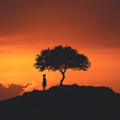 A solitary human figure stands silhouetted against the dramatic backdrop of a vibrant sunset with a single tree providing a focal point in the tranquil landscape