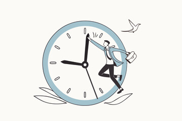 Success time management, finish work and appointment in time or work efficiently with high productivity concept, smart businessman celebrate his work by hi five with minute hand on the timer clock.