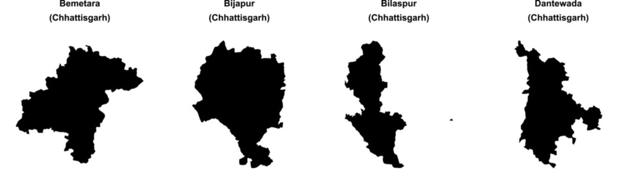 Bemetara, Bijapur, Bilaspur, Dantewada outline maps