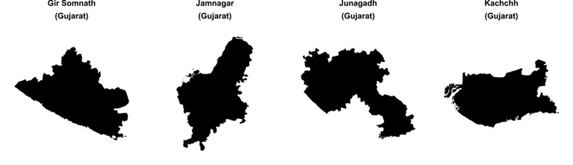 Obraz premium Gir Somnath, Jamnagar, Junagadh, Kachchh outline maps