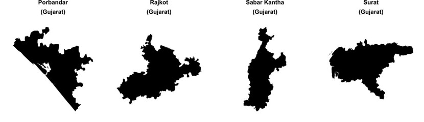 Obraz premium Porbandar, Rajkot, Sabar Kantha, Surat outline maps
