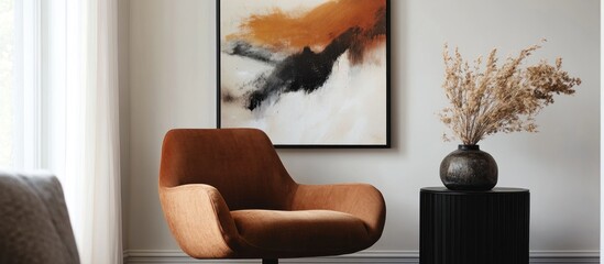 A cozy corner of a living room showcases a stylish brown chair, modern abstract art on the wall, a sleek black side table