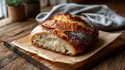 Freshly Baked Sourdough Bread on a Wooden Cutting Board