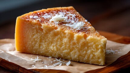 A slice of aged cheese with a golden rind, garnished with grated cheese on parchment paper.