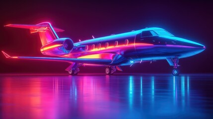 Luxury jet illuminated by vibrant neon lights