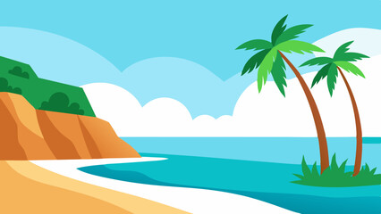 Fototapeta premium Stunning Tropical Beach with Lush Palm Trees Dramatic Rocky Cliffs and Clear Blue Water Vector Illustration Background