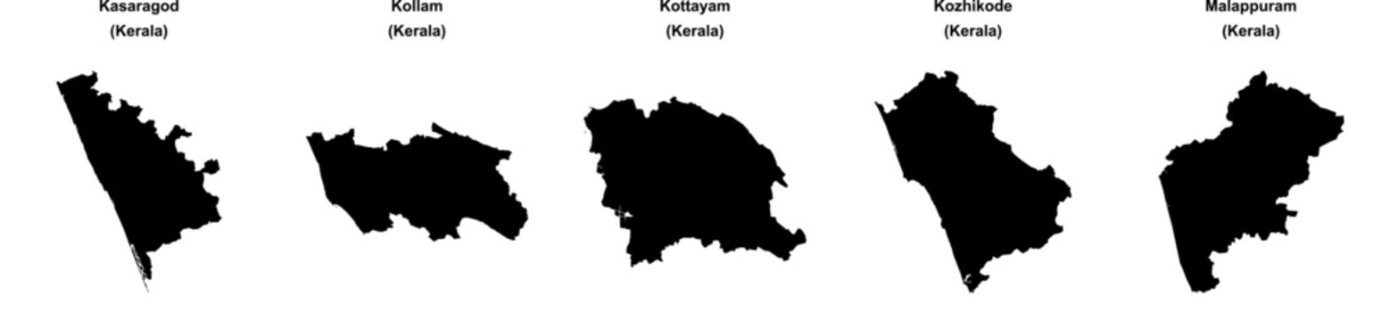 Kasaragod, Kollam, Kottayam, Kozhikode, Malappuram outline maps