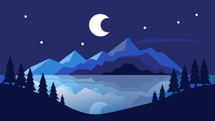 Obraz premium Tranquil Serene Starry Night Scene with Majestic Pine Trees and Glowing Light Vector Illustration Background