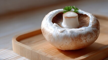 Hollowed Mushroom Cap with Miniature Mushroom Inside, Garnished with Herbs