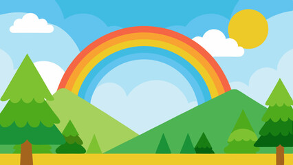 Obraz premium Whimsical Cartoon Jungle Clearing with Tall Trees and a Distant Rainbow Vector Illustration Background