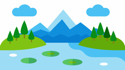 Tranquil Peaceful River Scene with Lily Pads and Forest Trees Vector Illustration Background