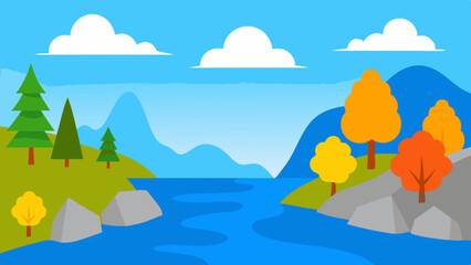 Fototapeta premium Vibrant Nature Scene with Rocky Riverbank and Colorful Autumn Trees Vector Illustration Background