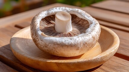 Fresh Portobello Mushroom on a Wooden Plate