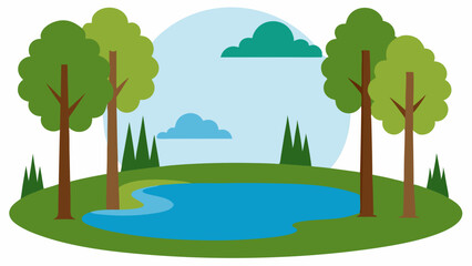 Obraz premium Peaceful Forest Pond with Grassy Edge and Tree Trunks Framing the Water Vector Illustration Background