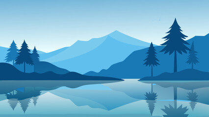 Tranquil Lake Landscape with Tree Silhouettes and a Soft Cloudy Sky Vector Illustration Background