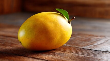 Ripe Mango with Green Leaf on Wooden Surface