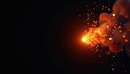 Single bright orange spark erupts on black backdrop , hot, isolated, fiery