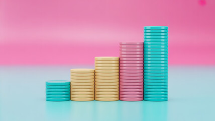 A 3D rendered bar graph made of coins arranged in ascending height order against a pink and turquoise gradient background.
