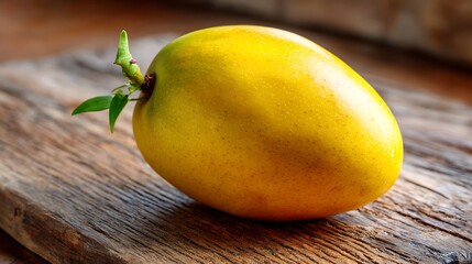Ripe Mango with Stem and Leaf on Wooden Surface