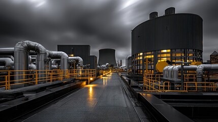 Industrial Power Plant at Dusk Dramatic Sky Pipes and Cooling Tower Energy Production