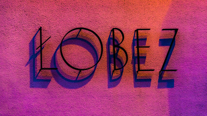Łobez, city, inscription, wall, railway station, lighting, night, real photo, shadow, city ​​name, poland