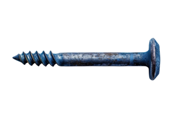 Isolated close up of a single blue screw with a flat head on a black background in studio shot