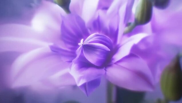Timelapse of a lisianthus flower blooming with silky petals in pastel violet, romantic and dreamy lighting. Created with generated AI.