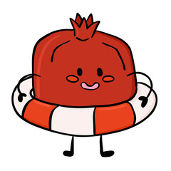 Cute hand drawn pomegranate character with a lifebuoy and cheerful face in kawaii style. Represents summer fun, fruit freshness and playful personality with a sweet vibe