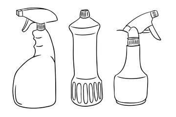 Hand drawn illustration of three cleaning bottles including spray and detergent containers. Represents hygiene, household chores and sanitation tools in minimal line art style
