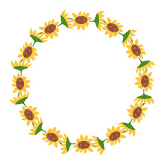 Circular sunflower wreath made of bright yellow blossoms with brown centers and green sepals. Symbolizes sunshine, joy and natural beauty in a cheerful floral frame design