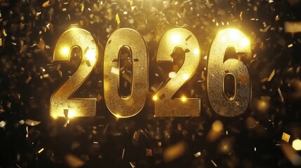 New Year celebration with golden 2026 numbers surrounded by confetti