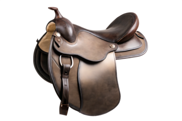 Elegant brown leather horse saddle isolated on a white background