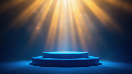 Illuminated blue two tier pedestal stage spotlight rays
