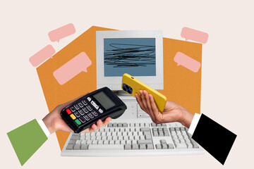 Poster image collage of two different hands hold terminal buying use smart gadget
