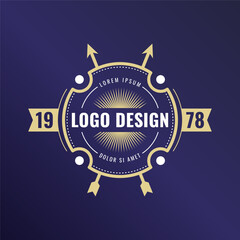 logo design is arranged with a golden abstract frame theme in dark blue background. vintage line design