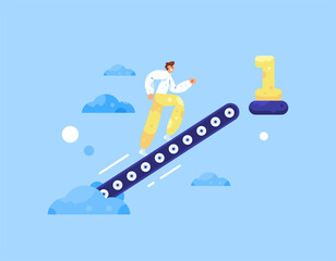 promotion concept. career advancement and development. efforts and processes for promotion. illustration of a worker or employee using a conveyor to reach a goal and get first place. flat style design