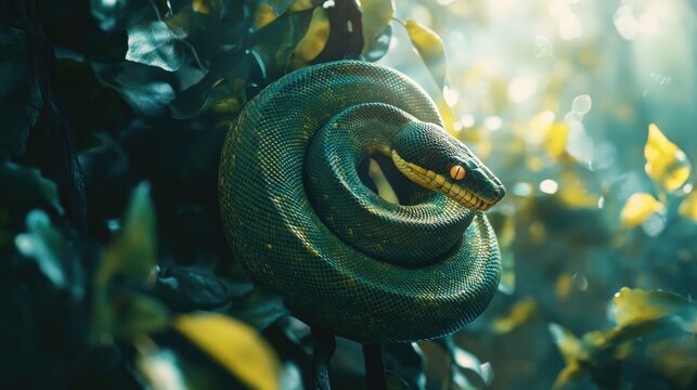 Emerald tree python coiled in foliage
