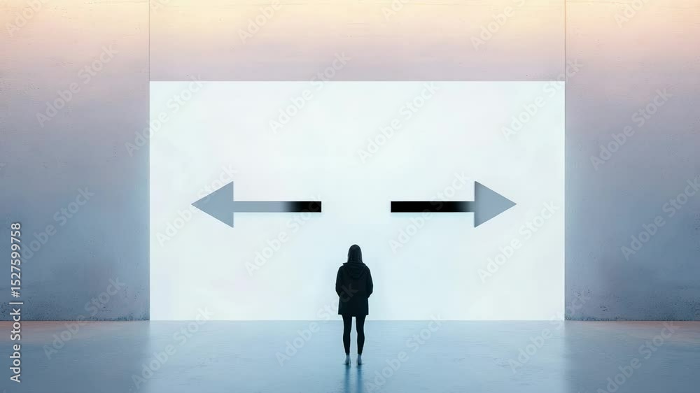 Poster Interior large empty room with a woman looking at a large luminous panel with two arrows, changing from left to right and highlighting the difficulty of making a decision