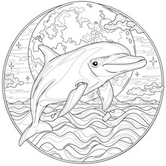 Fototapeta premium Dolphin jumps out of the sea against the backdrop of a full moon.Coloring book antistress for children and adults. 