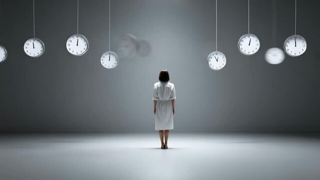 Surreal exploration of time and space with a woman surrounded by clock installations in a minimalist setting