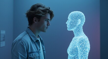 Young Man Contemplating a Digital Human Hologram in a Futuristic Setting