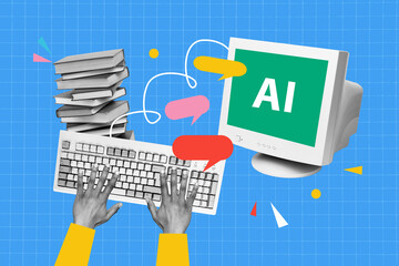 Creative artwork template sketch image 3D collage of hand type keyboard pile book knowledge...