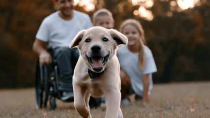 Happy puppy runs with family in background, dad sitting on wheelchair with kids and wife next to him in sunny park early evening - Powered by Adobe
