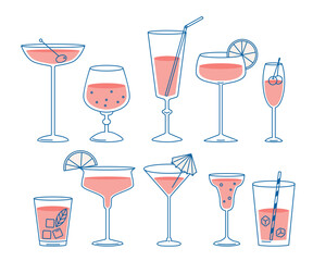 Cocktail glasses line art isolated set with different alcoholic beverages and non-alcohol drinks