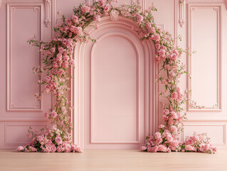 Elegant pink floral archway with roses and intricate wall paneling creates romantic and sophisticated atmosphere, perfect for weddings or special events. soft pastel tones enhance serene ambiance