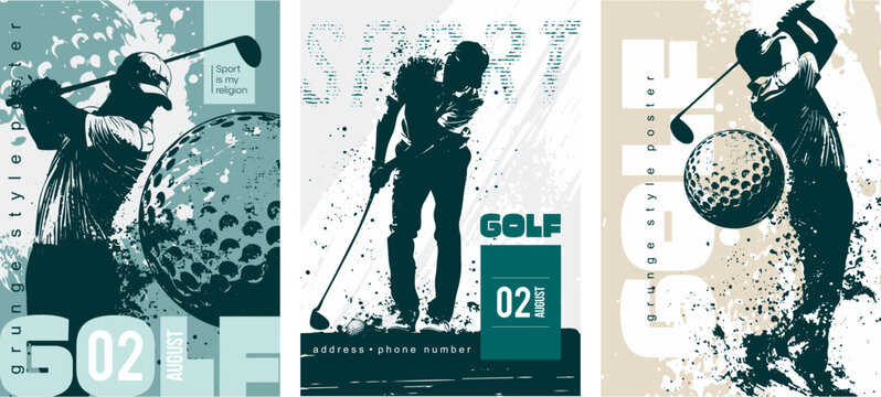 Set of posters dedicated to golf in Grunge silhouette style