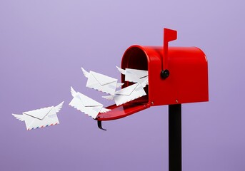Red Mailbox with Flying Envelopes Against a Lavender Background