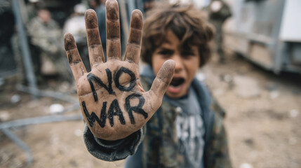 Angry child with dirty hand raised in protest, "NO WAR" written on palm, captured in a conflict zone, expressing raw emotion and anti-war sentiment amidst chaos.